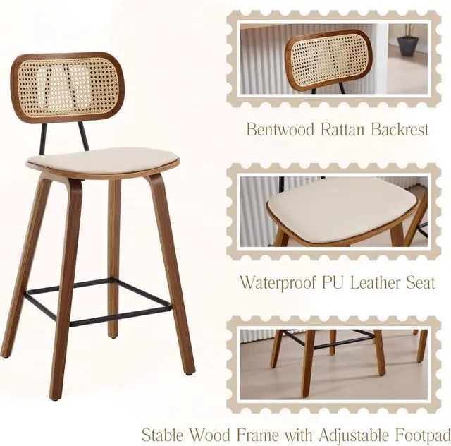 Alt view image 4 of 7 - Mid-Century Bar Stools Set of 2, 26 Inch PU Leather Barstools with Open Rattan Backrest Wooden Legs Armless Bar Chairs for Kitchen Island Dining Room, Beige