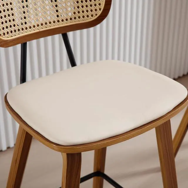 Alt view image 5 of 7 - Mid-Century Bar Stools Set of 2, 26 Inch PU Leather Barstools with Open Rattan Backrest Wooden Legs Armless Bar Chairs for Kitchen Island Dining Room, Beige