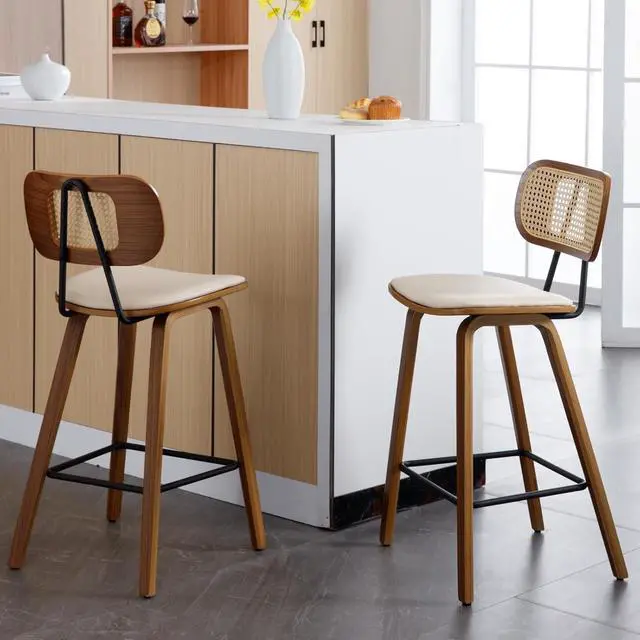 Alt view image 6 of 7 - Mid-Century Bar Stools Set of 2, 26 Inch PU Leather Barstools with Open Rattan Backrest Wooden Legs Armless Bar Chairs for Kitchen Island Dining Room, Beige