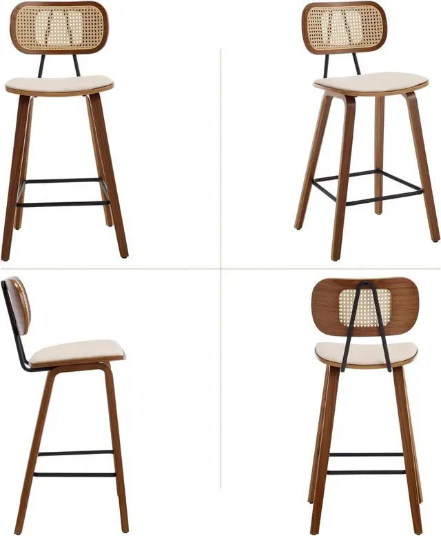 Alt view image 3 of 7 - Mid-Century Bar Stools Set of 2, 26 Inch PU Leather Barstools with Open Rattan Backrest Wooden Legs Armless Bar Chairs for Kitchen Island Dining Room, Beige