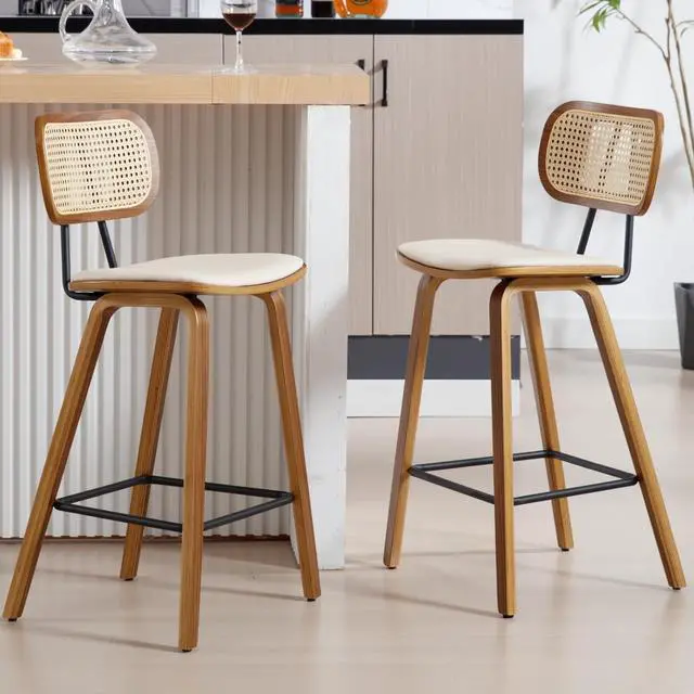 Alt view image 7 of 7 - Mid-Century Bar Stools Set of 2, 26 Inch PU Leather Barstools with Open Rattan Backrest Wooden Legs Armless Bar Chairs for Kitchen Island Dining Room, Beige