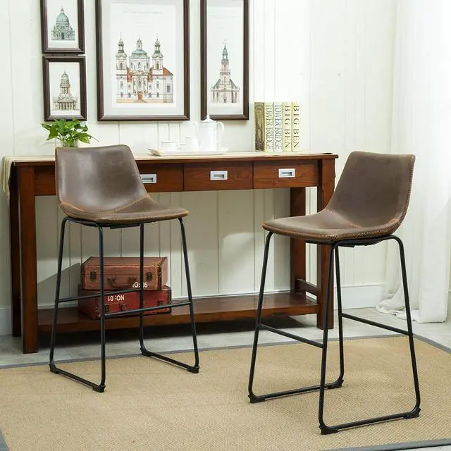 Main image of Roundhill Furniture Lotusville Vintage PU Leather Barstools, Antique Brown, Set of 2