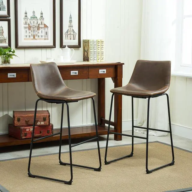 Alt view image 3 of 7 - Roundhill Furniture Lotusville Vintage PU Leather Barstools, Antique Brown, Set of 2
