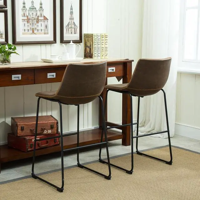 Alt view image 4 of 7 - Roundhill Furniture Lotusville Vintage PU Leather Barstools, Antique Brown, Set of 2