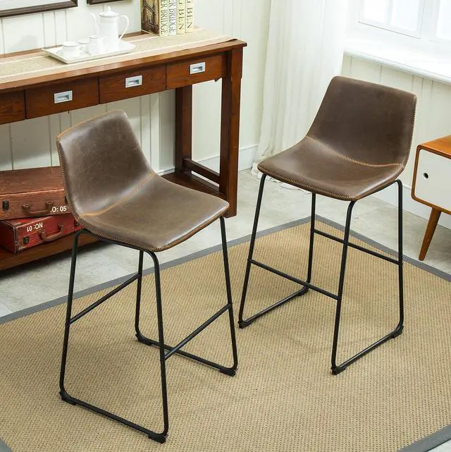 Alt view image 5 of 7 - Roundhill Furniture Lotusville Vintage PU Leather Barstools, Antique Brown, Set of 2