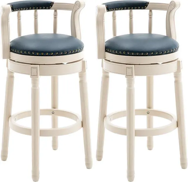 Main image of Bar Stools Modern Swivel Barstools Genuine Leather Upholstered Bar Stool Island Barstool with Footrest for Home Kitchen Dining Room (Set of 2 Blue, Seat Height 29.5 in)