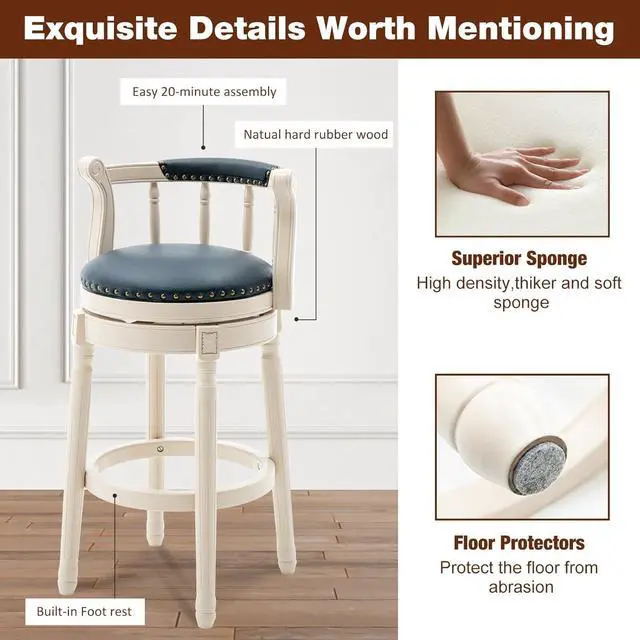 Alt view image 4 of 6 - Bar Stools Modern Swivel Barstools Genuine Leather Upholstered Bar Stool Island Barstool with Footrest for Home Kitchen Dining Room (Set of 2 Blue, Seat Height 29.5 in)
