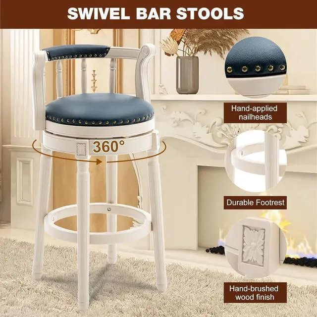 Alt view image 5 of 6 - Bar Stools Modern Swivel Barstools Genuine Leather Upholstered Bar Stool Island Barstool with Footrest for Home Kitchen Dining Room (Set of 2 Blue, Seat Height 29.5 in)