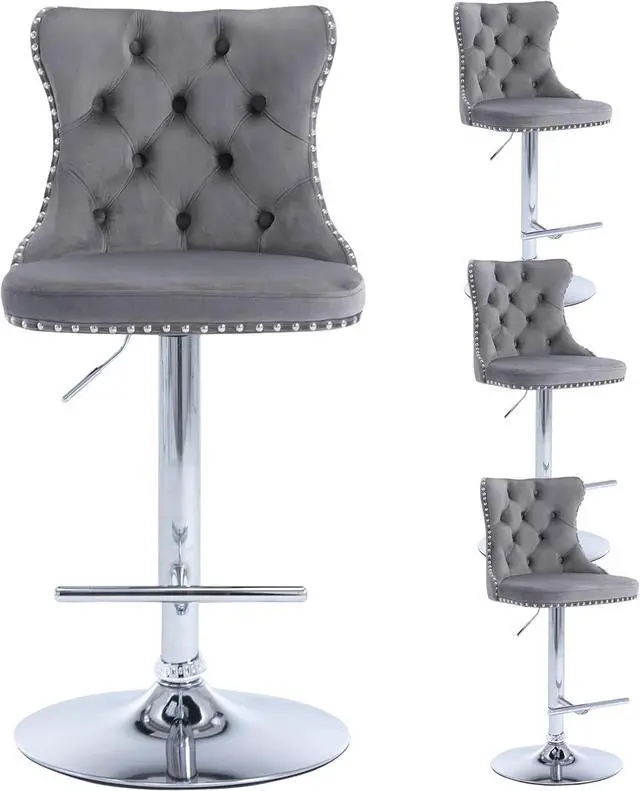 Main image of Modern Grey Velvet Bar Stools Set of 4, Adjustable Swivel Counter Height Bar Stools with Back, Upholstered Bar Height Chairs with Silver Footrest, Counter Stools for Kitchen Counter, Grey