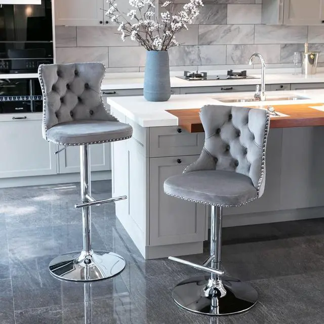 Alt view image 2 of 7 - Modern Grey Velvet Bar Stools Set of 4, Adjustable Swivel Counter Height Bar Stools with Back, Upholstered Bar Height Chairs with Silver Footrest, Counter Stools for Kitchen Counter, Grey