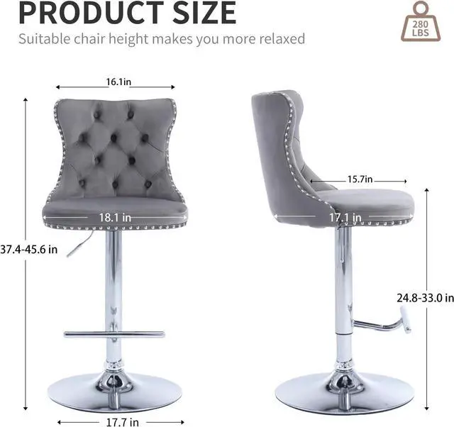 Alt view image 3 of 7 - Modern Grey Velvet Bar Stools Set of 4, Adjustable Swivel Counter Height Bar Stools with Back, Upholstered Bar Height Chairs with Silver Footrest, Counter Stools for Kitchen Counter, Grey