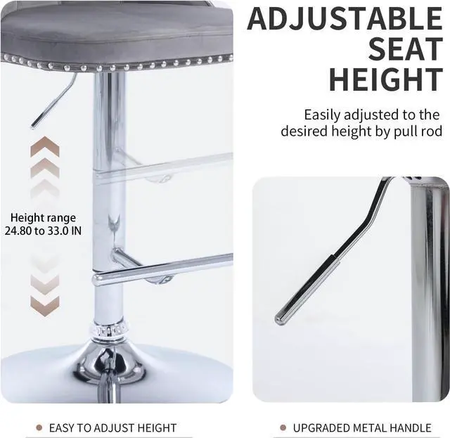 Alt view image 4 of 7 - Modern Grey Velvet Bar Stools Set of 4, Adjustable Swivel Counter Height Bar Stools with Back, Upholstered Bar Height Chairs with Silver Footrest, Counter Stools for Kitchen Counter, Grey