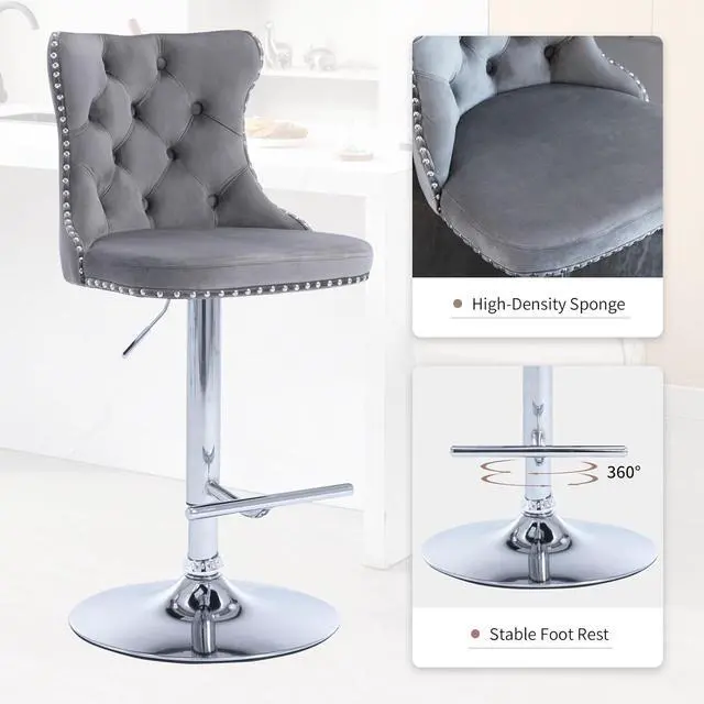 Alt view image 5 of 7 - Modern Grey Velvet Bar Stools Set of 4, Adjustable Swivel Counter Height Bar Stools with Back, Upholstered Bar Height Chairs with Silver Footrest, Counter Stools for Kitchen Counter, Grey