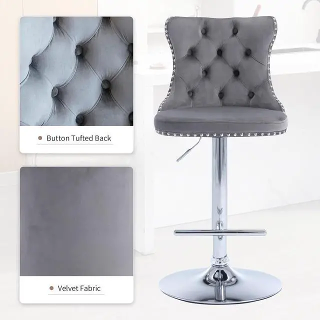 Alt view image 6 of 7 - Modern Grey Velvet Bar Stools Set of 4, Adjustable Swivel Counter Height Bar Stools with Back, Upholstered Bar Height Chairs with Silver Footrest, Counter Stools for Kitchen Counter, Grey