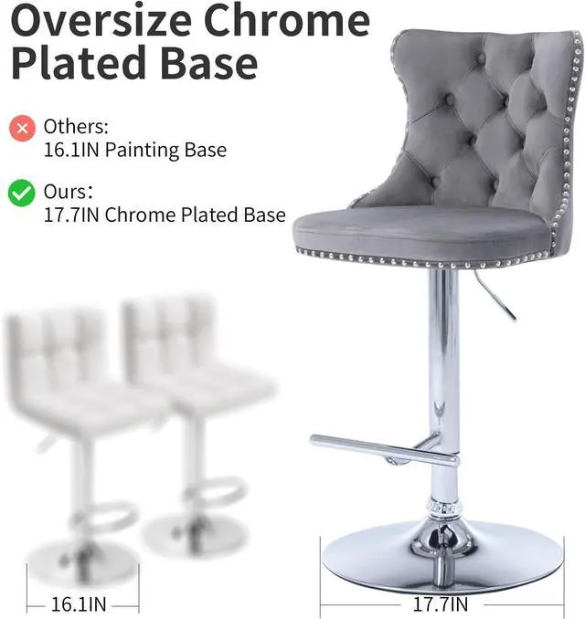 Alt view image 7 of 7 - Modern Grey Velvet Bar Stools Set of 4, Adjustable Swivel Counter Height Bar Stools with Back, Upholstered Bar Height Chairs with Silver Footrest, Counter Stools for Kitchen Counter, Grey