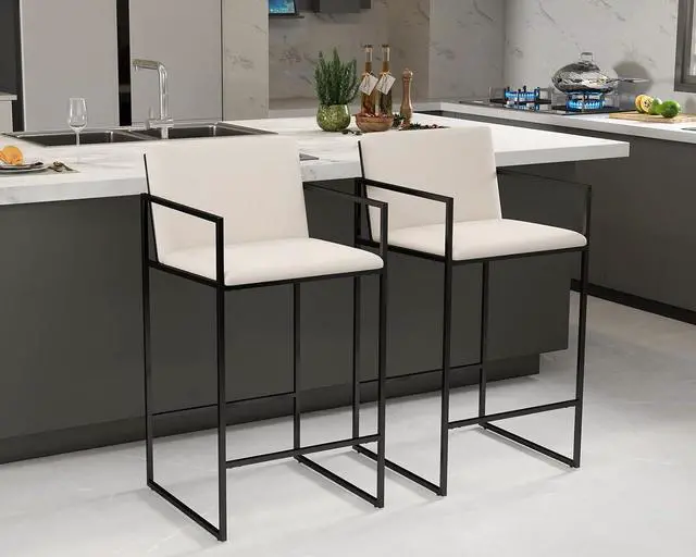 Main image of Modern Counter Height Bar Stools Set of 2, 25.5 Inch Linen Upholstered Bar Stools with Back and Armrest, Counter Chairs Barstools for Kitchen Island, with Black Metal Frame, Cream