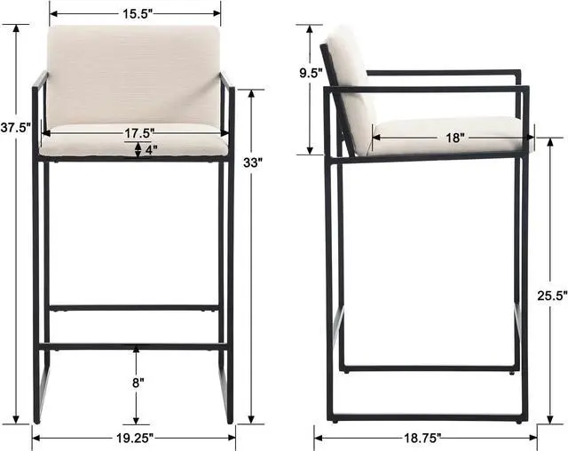 Alt view image 2 of 7 - Modern Counter Height Bar Stools Set of 2, 25.5 Inch Linen Upholstered Bar Stools with Back and Armrest, Counter Chairs Barstools for Kitchen Island, with Black Metal Frame, Cream