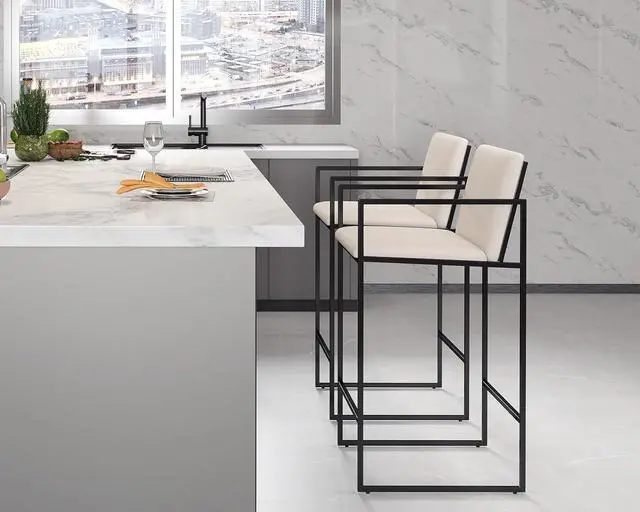 Alt view image 3 of 7 - Modern Counter Height Bar Stools Set of 2, 25.5 Inch Linen Upholstered Bar Stools with Back and Armrest, Counter Chairs Barstools for Kitchen Island, with Black Metal Frame, Cream