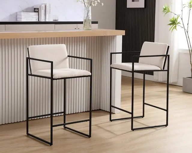 Alt view image 5 of 7 - Modern Counter Height Bar Stools Set of 2, 25.5 Inch Linen Upholstered Bar Stools with Back and Armrest, Counter Chairs Barstools for Kitchen Island, with Black Metal Frame, Cream