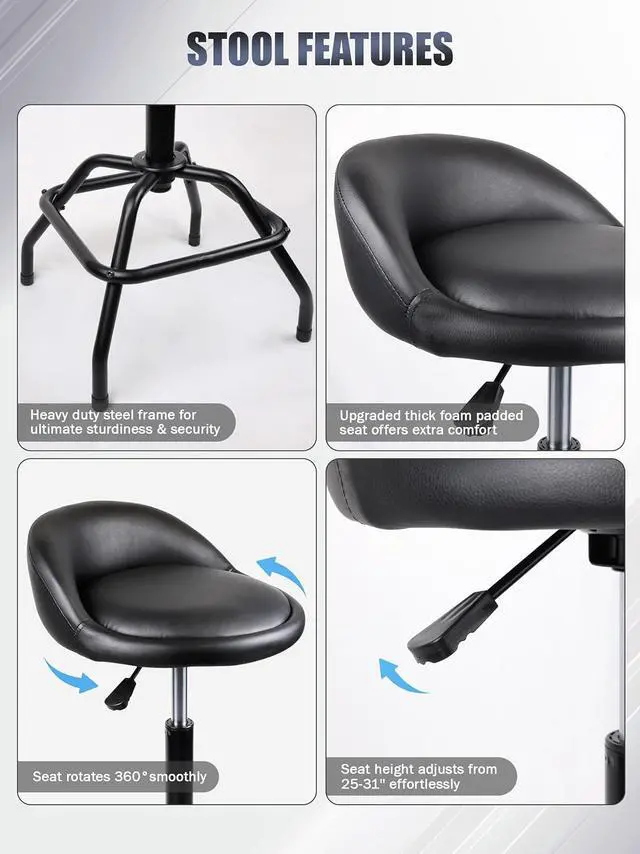 Alt view image 4 of 7 - SMART JERRY - Counter Height Bar Stools, Swivel Barstools, Work Bench Stool with Back, Height Adjustable Garage Shop Stool, Kitchen Bar Height Stools, Counter Stool Black (330lb Weight Capacity)