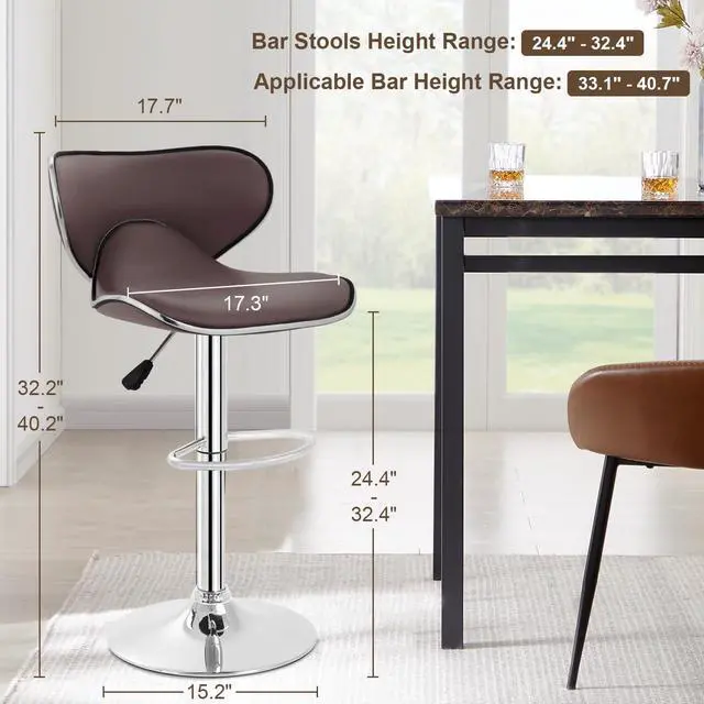 Alt view image 3 of 7 - BestOffice Bar Stools Set of 2, Counter Height Adjustable Bar Stools with Back Bar Stool PU Leather Swivel Bar Stool Kitchen Counter Bar Stools Dining Chairs