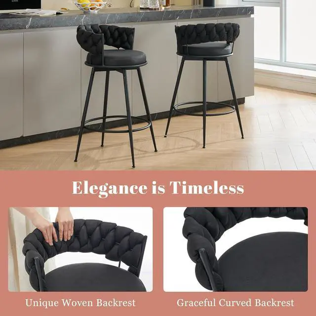 Alt view image 3 of 7 - 360° Swivel Bar Stools Set of 3, 28 inch Counter Height Bar Stools Modern Barstools with Woven Back and Suede Fabric, Metal Frame & Footrest for Kitchen Island, Cafe, Pub, Bar Counter, Black
