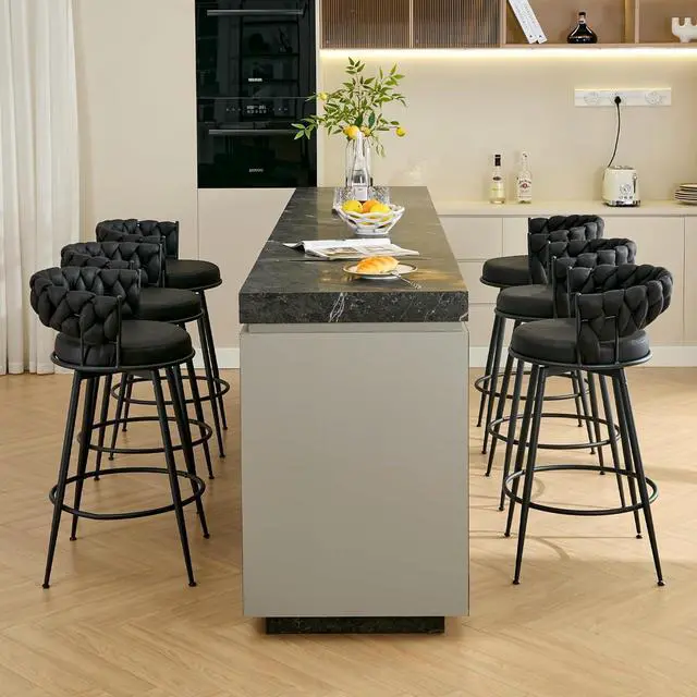 Alt view image 7 of 7 - 360° Swivel Bar Stools Set of 3, 28 inch Counter Height Bar Stools Modern Barstools with Woven Back and Suede Fabric, Metal Frame & Footrest for Kitchen Island, Cafe, Pub, Bar Counter, Black