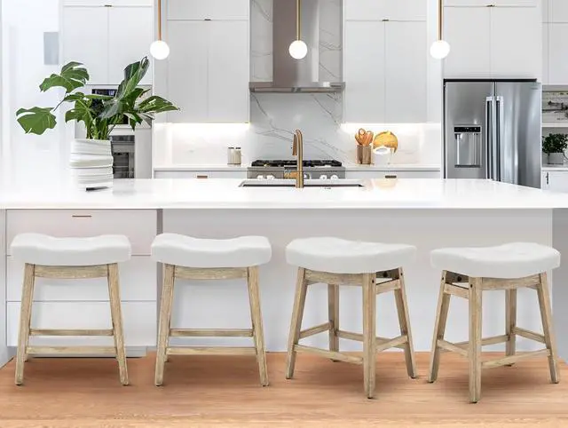 Alt view image 2 of 7 - Counter Height White Bar Stools Set of 6 for Kitchen Counter Farmhouse Modern Barstools with Faux Leather Upholstered Backless Seat and Solid Wood Legs 24 inch Bar Chairs, White + Wood Color
