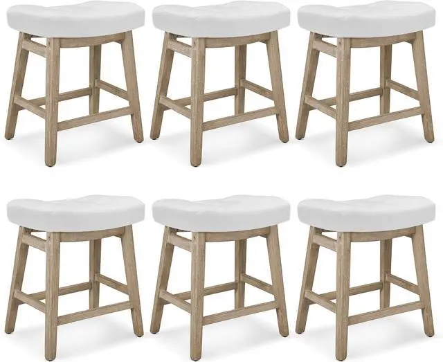 Main image of Counter Height White Bar Stools Set of 6 for Kitchen Counter Farmhouse Modern Barstools with Faux Leather Upholstered Backless Seat and Solid Wood Legs 24 inch Bar Chairs, White + Wood Color