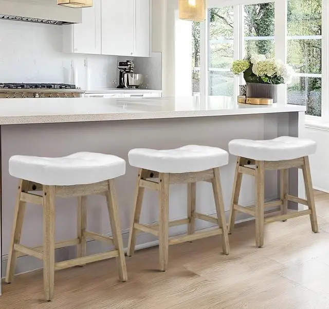 Alt view image 7 of 7 - Counter Height White Bar Stools Set of 6 for Kitchen Counter Farmhouse Modern Barstools with Faux Leather Upholstered Backless Seat and Solid Wood Legs 24 inch Bar Chairs, White + Wood Color