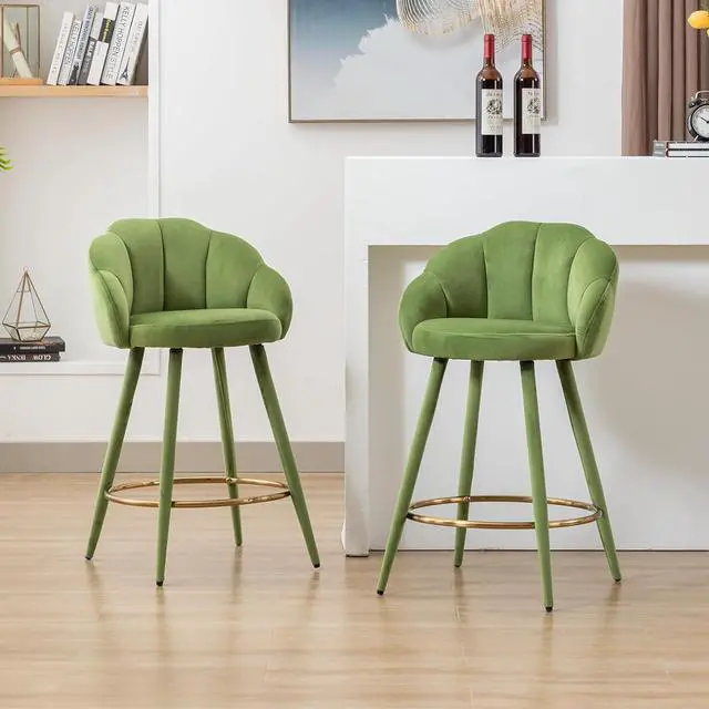 Alt view image 2 of 7 - Velvet Counter Stools Set of 4 Modern 25.5" Counter Height Barstool with Petal Back & Gold Metal Ring Footrest Comfy Upholstered Bar Chairs for Home Bar/Kitchen Island/Restaurant, Olive