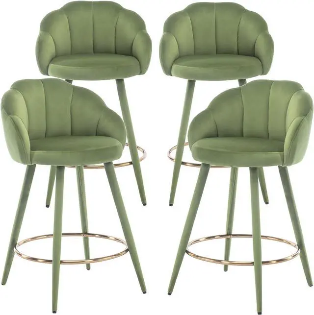 Main image of Velvet Counter Stools Set of 4 Modern 25.5" Counter Height Barstool with Petal Back & Gold Metal Ring Footrest Comfy Upholstered Bar Chairs for Home Bar/Kitchen Island/Restaurant, Olive