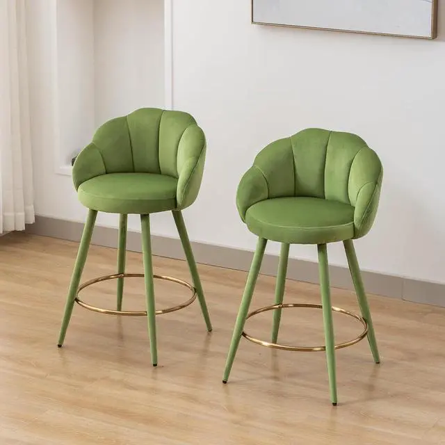 Alt view image 4 of 7 - Velvet Counter Stools Set of 4 Modern 25.5" Counter Height Barstool with Petal Back & Gold Metal Ring Footrest Comfy Upholstered Bar Chairs for Home Bar/Kitchen Island/Restaurant, Olive