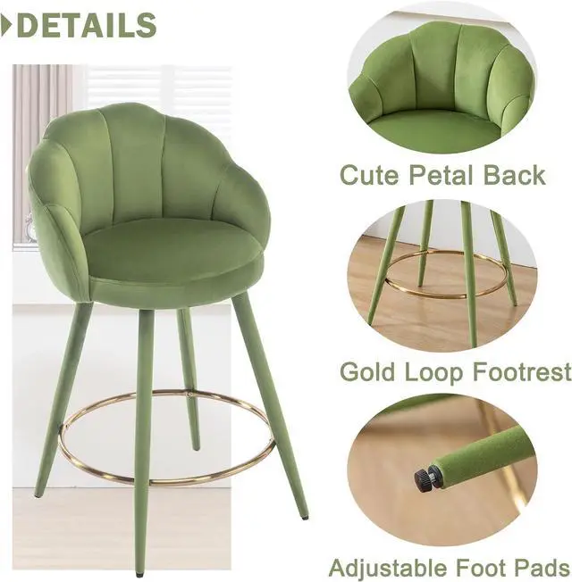 Alt view image 5 of 7 - Velvet Counter Stools Set of 4 Modern 25.5" Counter Height Barstool with Petal Back & Gold Metal Ring Footrest Comfy Upholstered Bar Chairs for Home Bar/Kitchen Island/Restaurant, Olive
