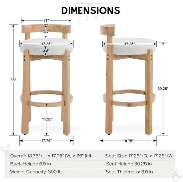 Alt view image 3 of 7 - HEAH-YO Mid Century Modern Sherpa Bar Stools Set of 2, 30.25" Pub Height Stools with Back, Boucle Upholstered Barstools with Solid Wood Legs Bar Chairs for Kitchen Island Dining Room, White