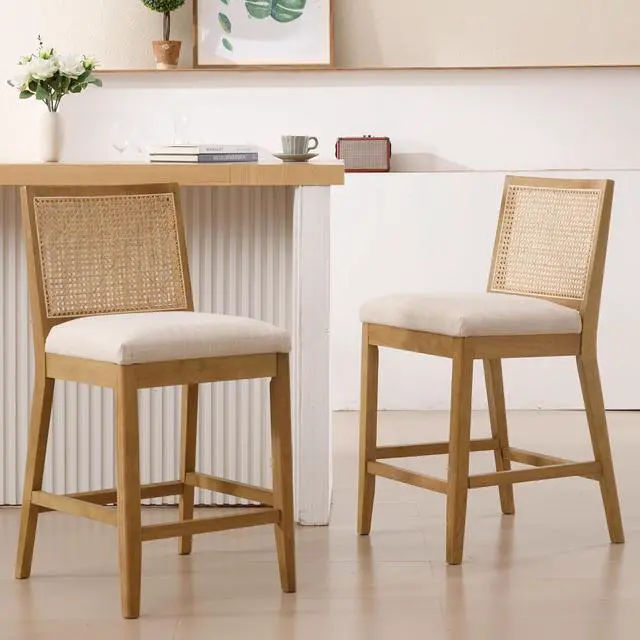Main image of 26.5" Rattan Bar Stools Set of 2 Modern Linen Fabric Upholstered Counter Height Bar Stools, Kitchen Island Barstools with Rattan Back, Natural Finish Wood Legs Bar Chairs, Beige