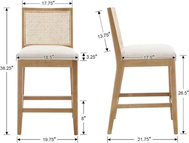 Alt view image 2 of 6 - 26.5" Rattan Bar Stools Set of 2 Modern Linen Fabric Upholstered Counter Height Bar Stools, Kitchen Island Barstools with Rattan Back, Natural Finish Wood Legs Bar Chairs, Beige