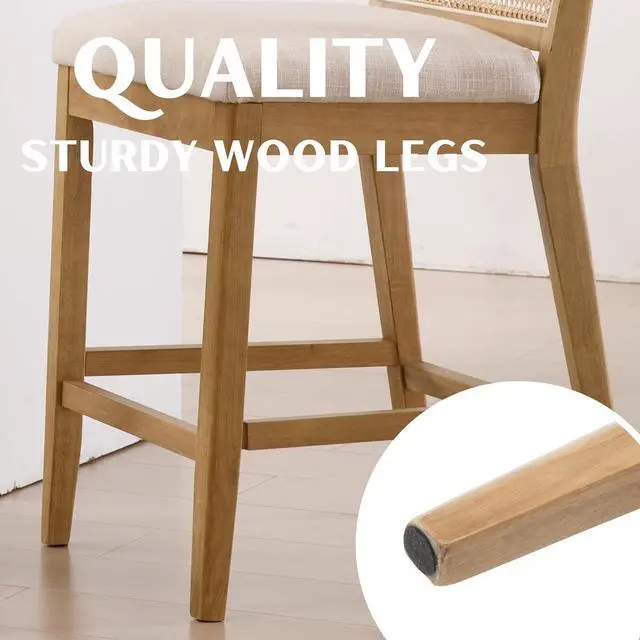 Alt view image 5 of 6 - 26.5" Rattan Bar Stools Set of 2 Modern Linen Fabric Upholstered Counter Height Bar Stools, Kitchen Island Barstools with Rattan Back, Natural Finish Wood Legs Bar Chairs, Beige