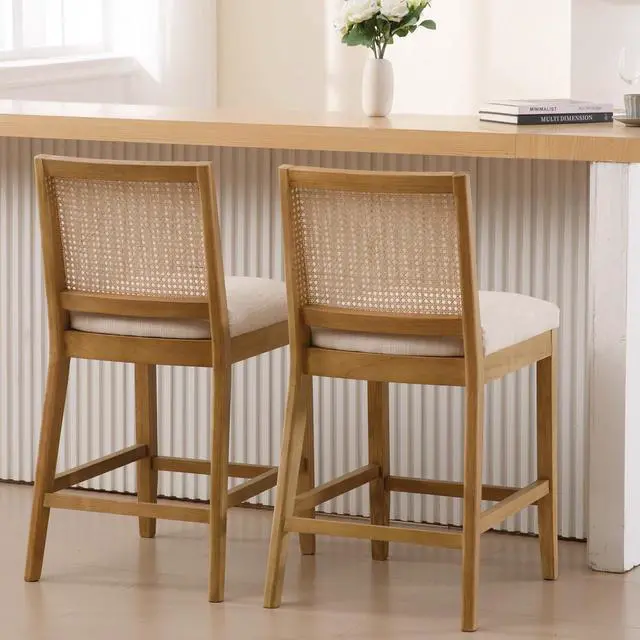 Alt view image 6 of 6 - 26.5" Rattan Bar Stools Set of 2 Modern Linen Fabric Upholstered Counter Height Bar Stools, Kitchen Island Barstools with Rattan Back, Natural Finish Wood Legs Bar Chairs, Beige