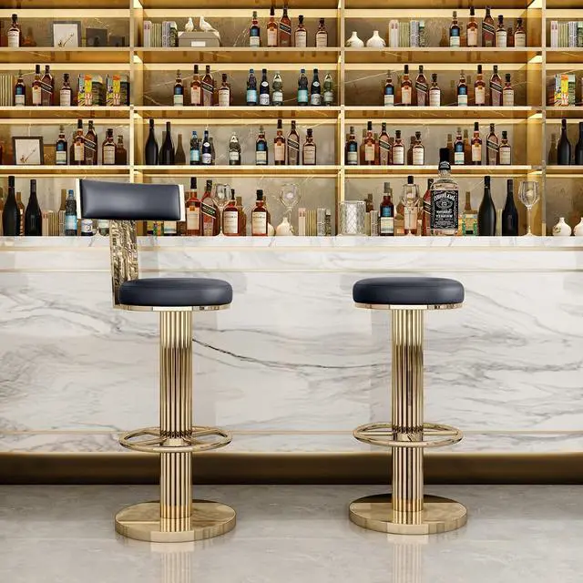 Alt view image 2 of 7 - Swivel Bar Stools with Backrest, Modern Adjustable Height Counter Stool with Metal Legs and Comfortable Cushion, Black and Gold Bar Chair for Kitchen Island Counter (Black)