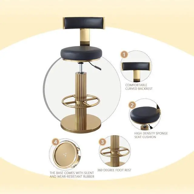 Alt view image 6 of 7 - Swivel Bar Stools with Backrest, Modern Adjustable Height Counter Stool with Metal Legs and Comfortable Cushion, Black and Gold Bar Chair for Kitchen Island Counter (Black)