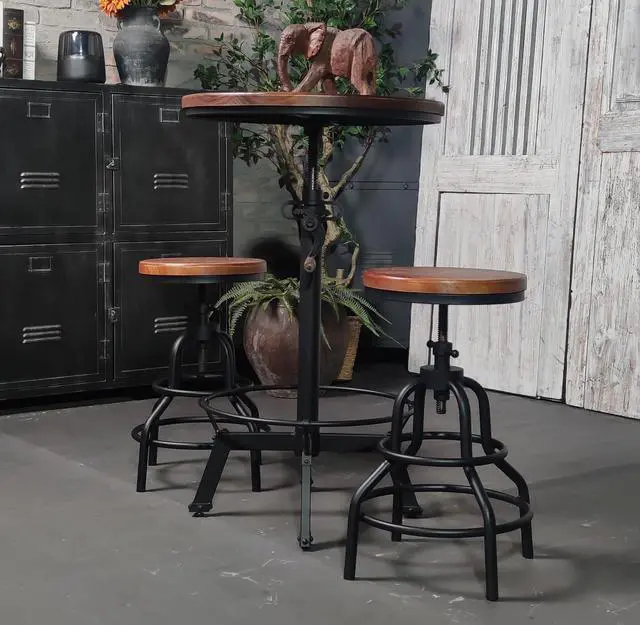 Alt view image 6 of 7 - LOKKHAN 33.5-39.4 Inch Tall Industrial Bar Table-Adjustable Bar Height Bistro Whiskey Pub Table-23.7" Dia Swivel Round Wood Top Metal Base-Easily Adjusts by Crank Handle