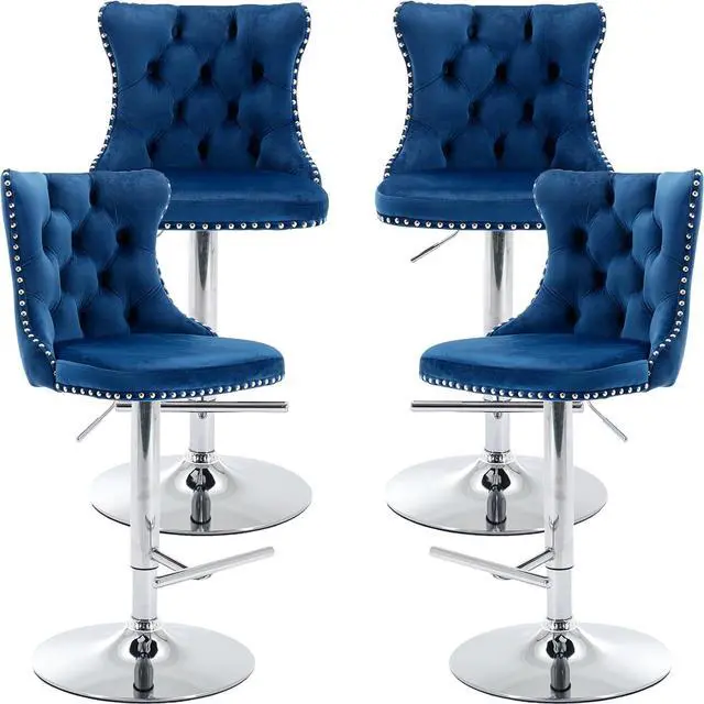 Main image of Swivel Counter Height Bar Stools Set of 4, Navy Kitchen Island Barstools, Velvet Adjustable Bar Height Stool Chairs, Tufted Back, Silver Chrome Metal Base (Blue, Velvet, 4 Pcs)