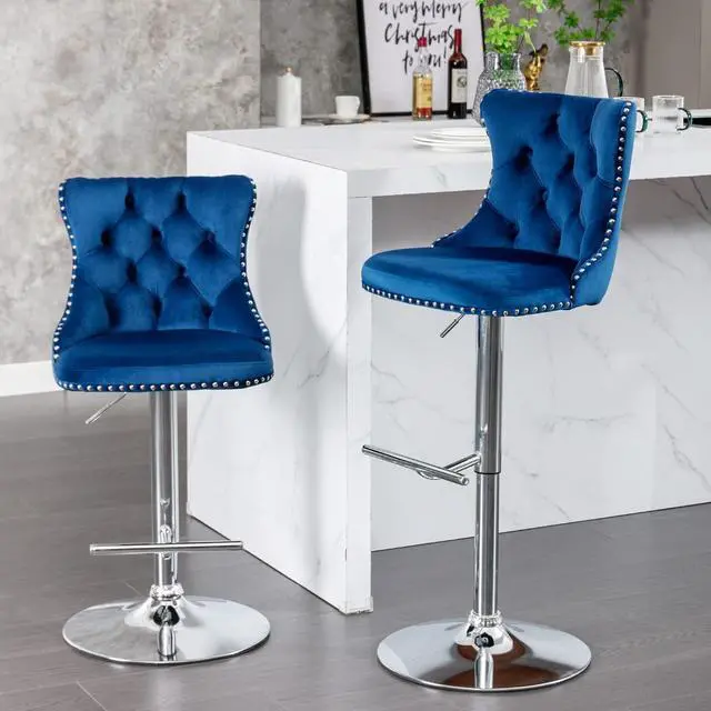 Alt view image 2 of 6 - Swivel Counter Height Bar Stools Set of 4, Navy Kitchen Island Barstools, Velvet Adjustable Bar Height Stool Chairs, Tufted Back, Silver Chrome Metal Base (Blue, Velvet, 4 Pcs)
