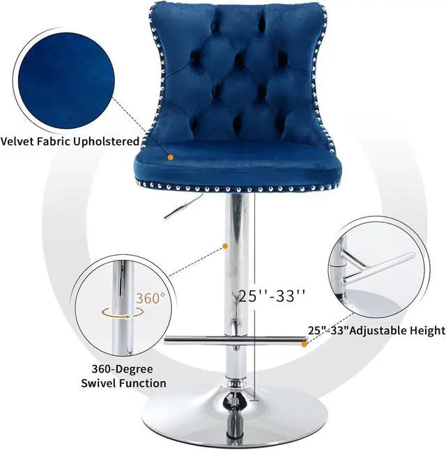 Alt view image 5 of 6 - Swivel Counter Height Bar Stools Set of 4, Navy Kitchen Island Barstools, Velvet Adjustable Bar Height Stool Chairs, Tufted Back, Silver Chrome Metal Base (Blue, Velvet, 4 Pcs)