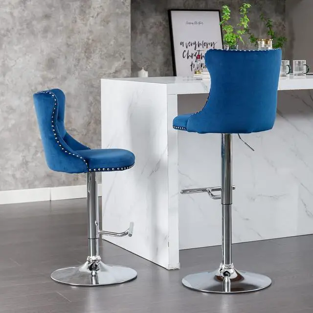 Alt view image 4 of 6 - Swivel Counter Height Bar Stools Set of 4, Navy Kitchen Island Barstools, Velvet Adjustable Bar Height Stool Chairs, Tufted Back, Silver Chrome Metal Base (Blue, Velvet, 4 Pcs)
