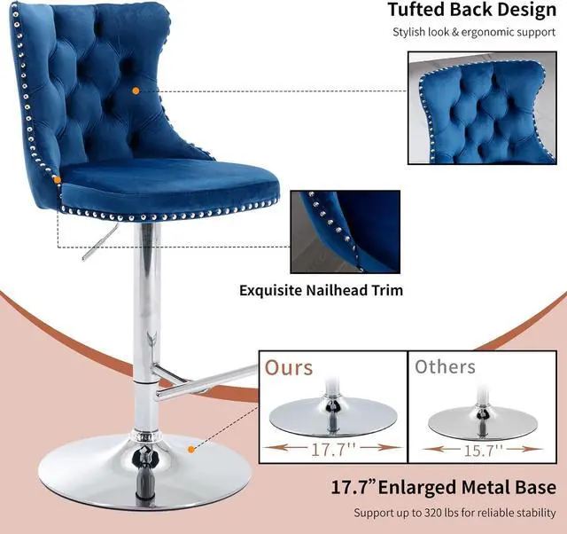 Alt view image 6 of 6 - Swivel Counter Height Bar Stools Set of 4, Navy Kitchen Island Barstools, Velvet Adjustable Bar Height Stool Chairs, Tufted Back, Silver Chrome Metal Base (Blue, Velvet, 4 Pcs)