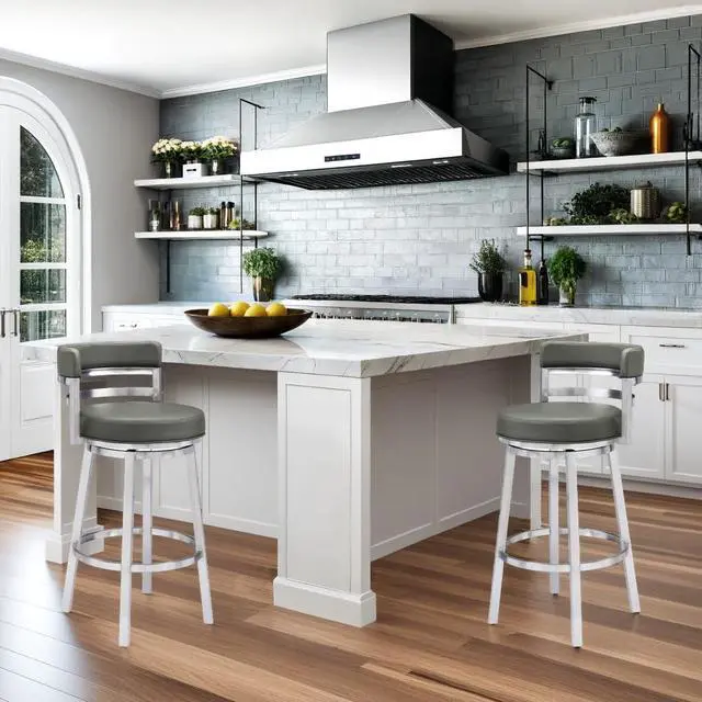 Alt view image 2 of 7 - Armen Living Madrid 26" Counter Height Swivel Modern Gray Faux Leather and Brushed Stainless Steel Bar Stool for Kitchen Island Counter