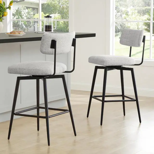 Alt view image 2 of 7 - Watson & Whitely Swivel Counter Height Bar Stool Chairs Set of 2, 27.4" Fabric Upholstered Counter Stools with Back and Metal Frame, White (Multi-Colored)