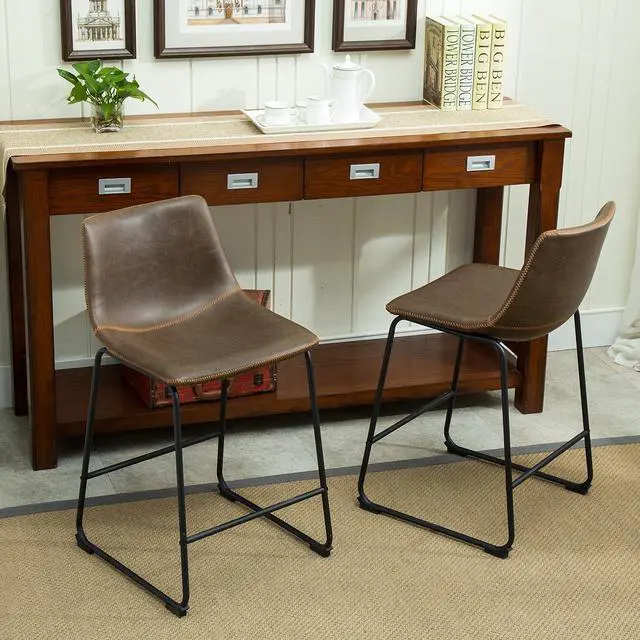 Alt view image 5 of 7 - Roundhill Furniture Lotusville Vintage PU Leather Counter Height Stools, Antique Brown, Set of 2